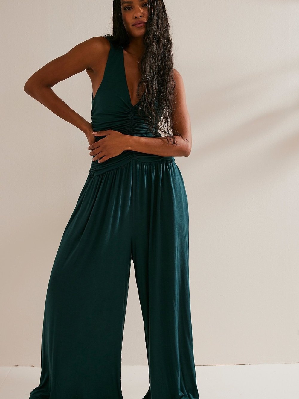 Free People Deep V Ruched Waist Wide-Leg Jumpsuit in Teal Green
